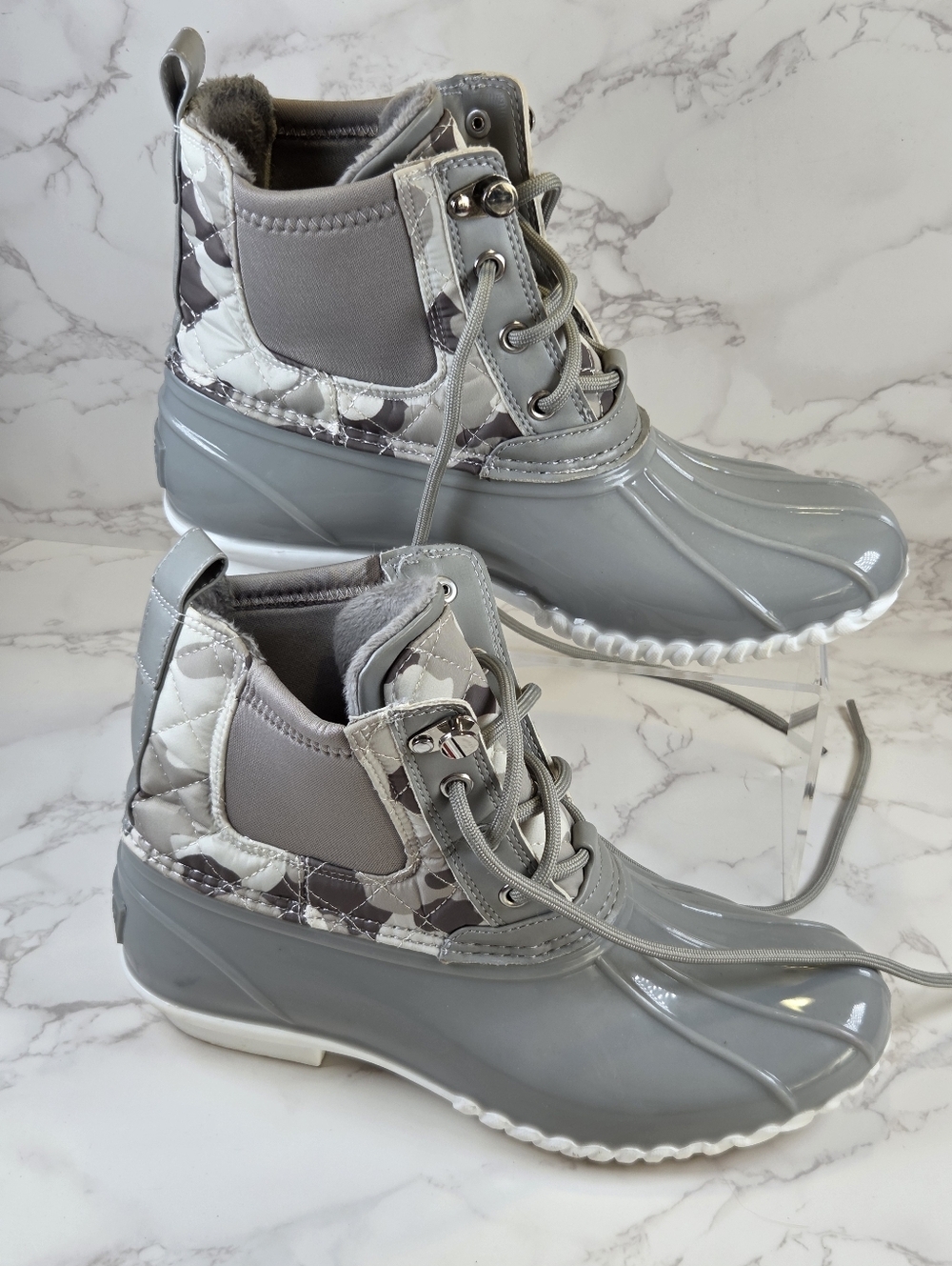 Women's Grey Quilted Duck Boot Lace-Up Ankle Boots(B15)